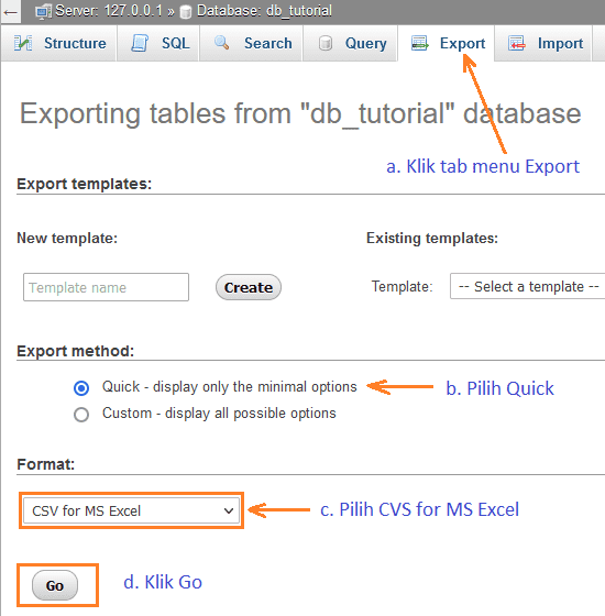 cara export database phpMyAdmin ke excel