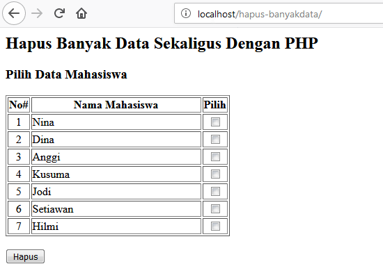 hapus banyak data sekaligus dengan php mysql