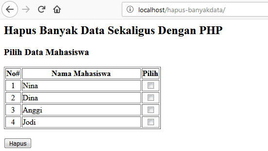 hapus banyak data sekaligus dengan php mysql