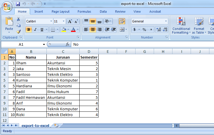 script php export to excel